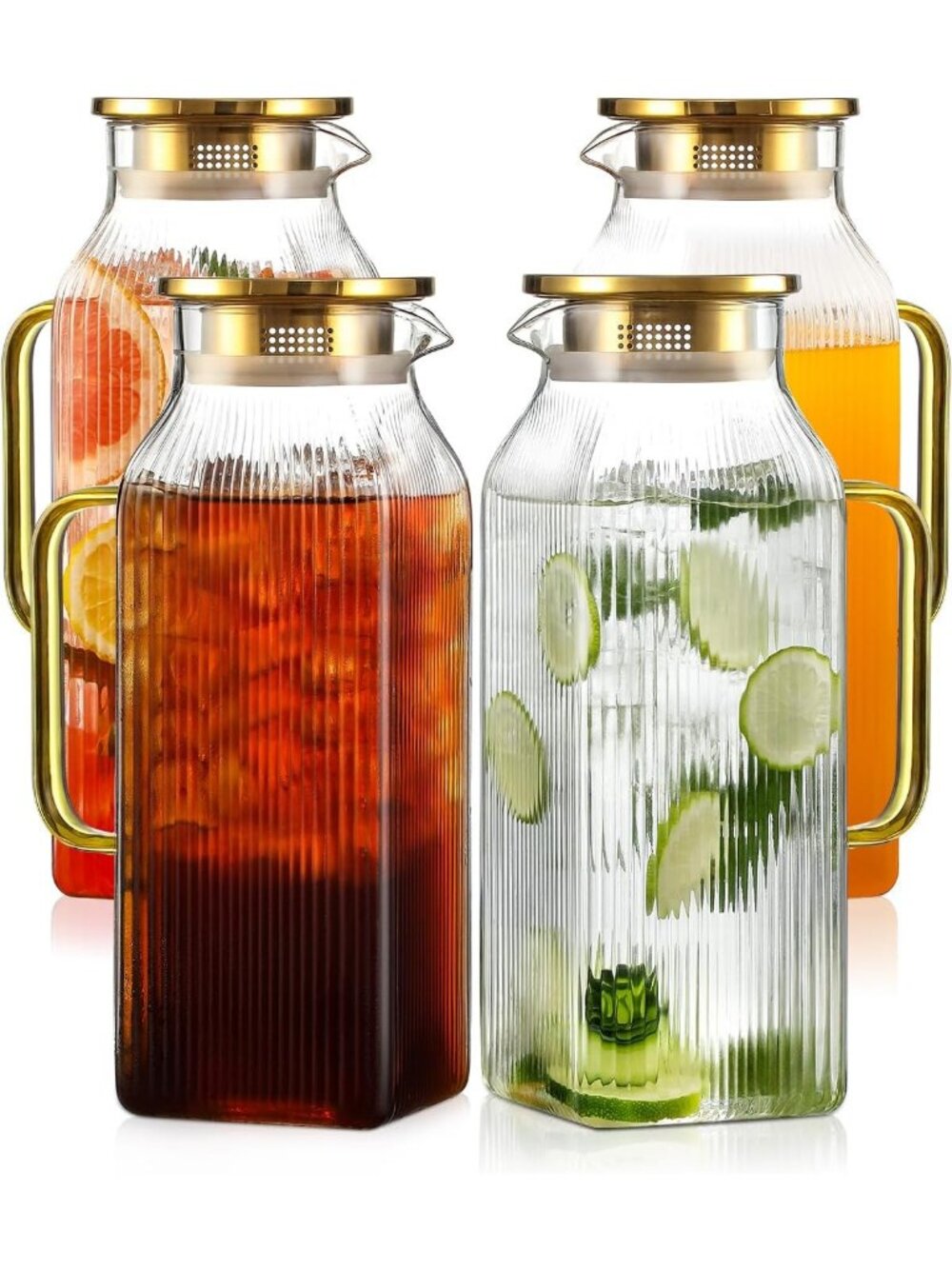 4 Pack 2L Square Glass Pitchers with Lids - Classic Striped Water Jugs for Iced